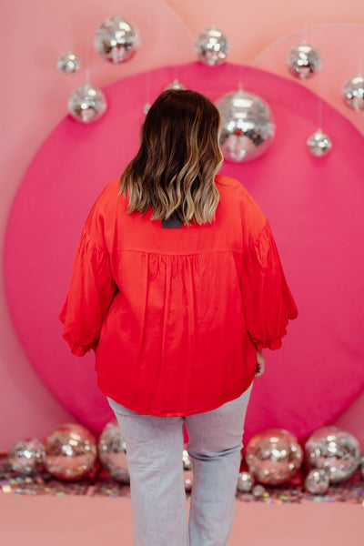 Poinsettia Puff Sleeve Button Down Blouse