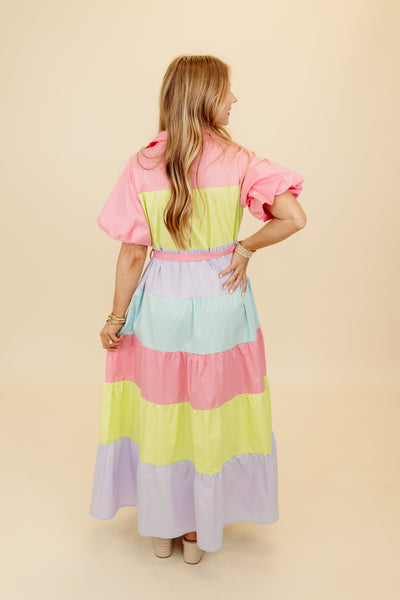 Pink Multi Belted Puff Sleeve Colorblock Maxi Dress
