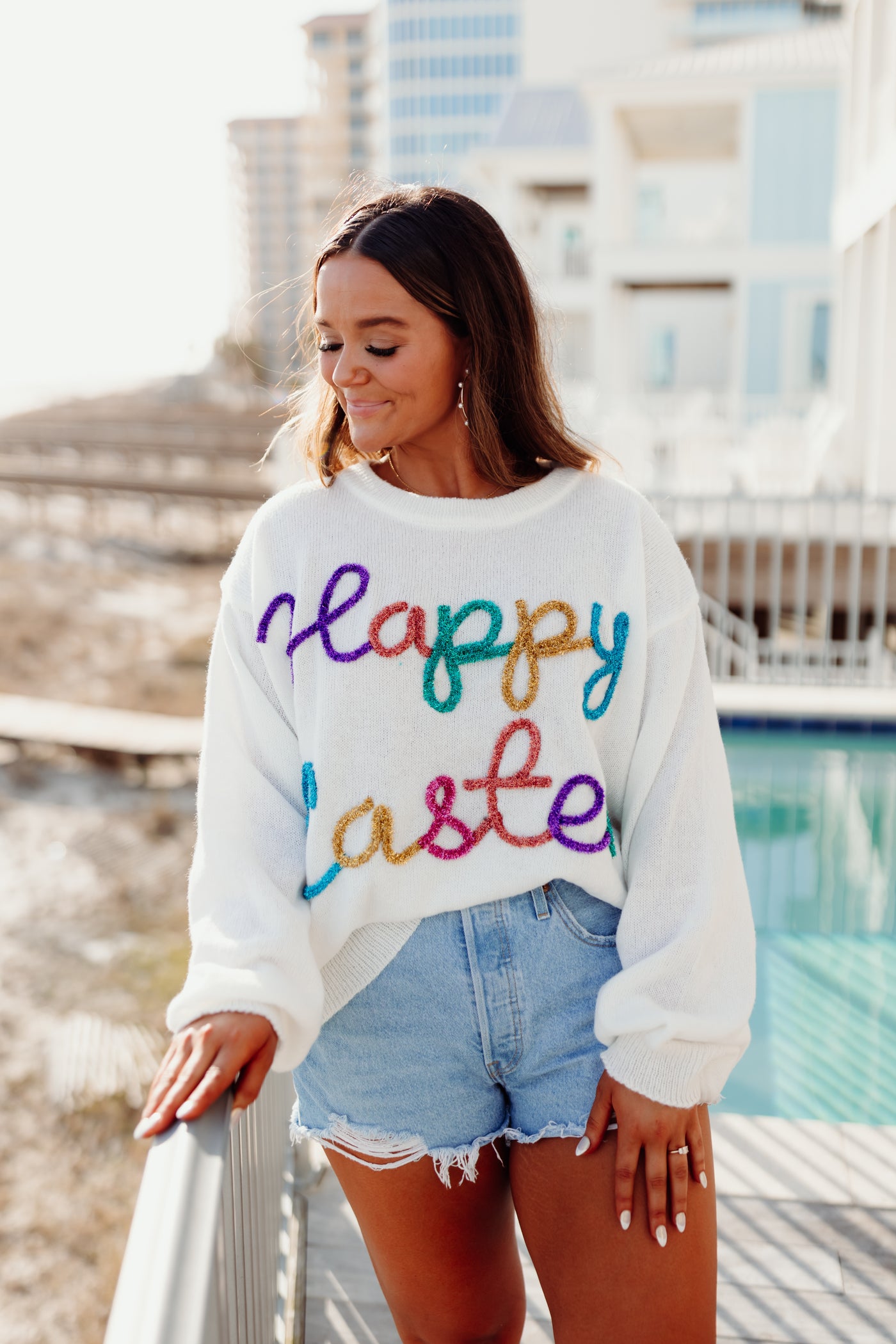 Ivory Multicolor Happy Easter Tinsel Sweater