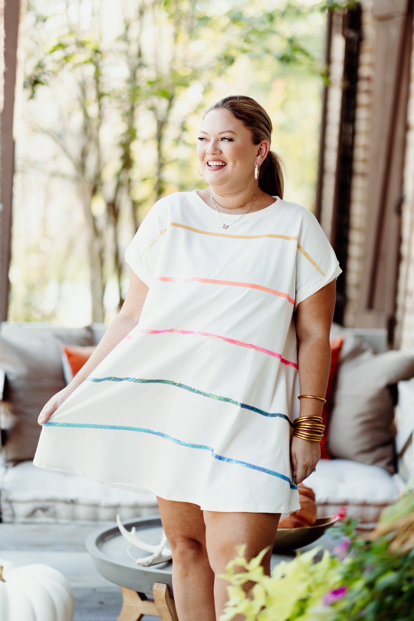 White Multicolor Sequin Stripe Tee Dress