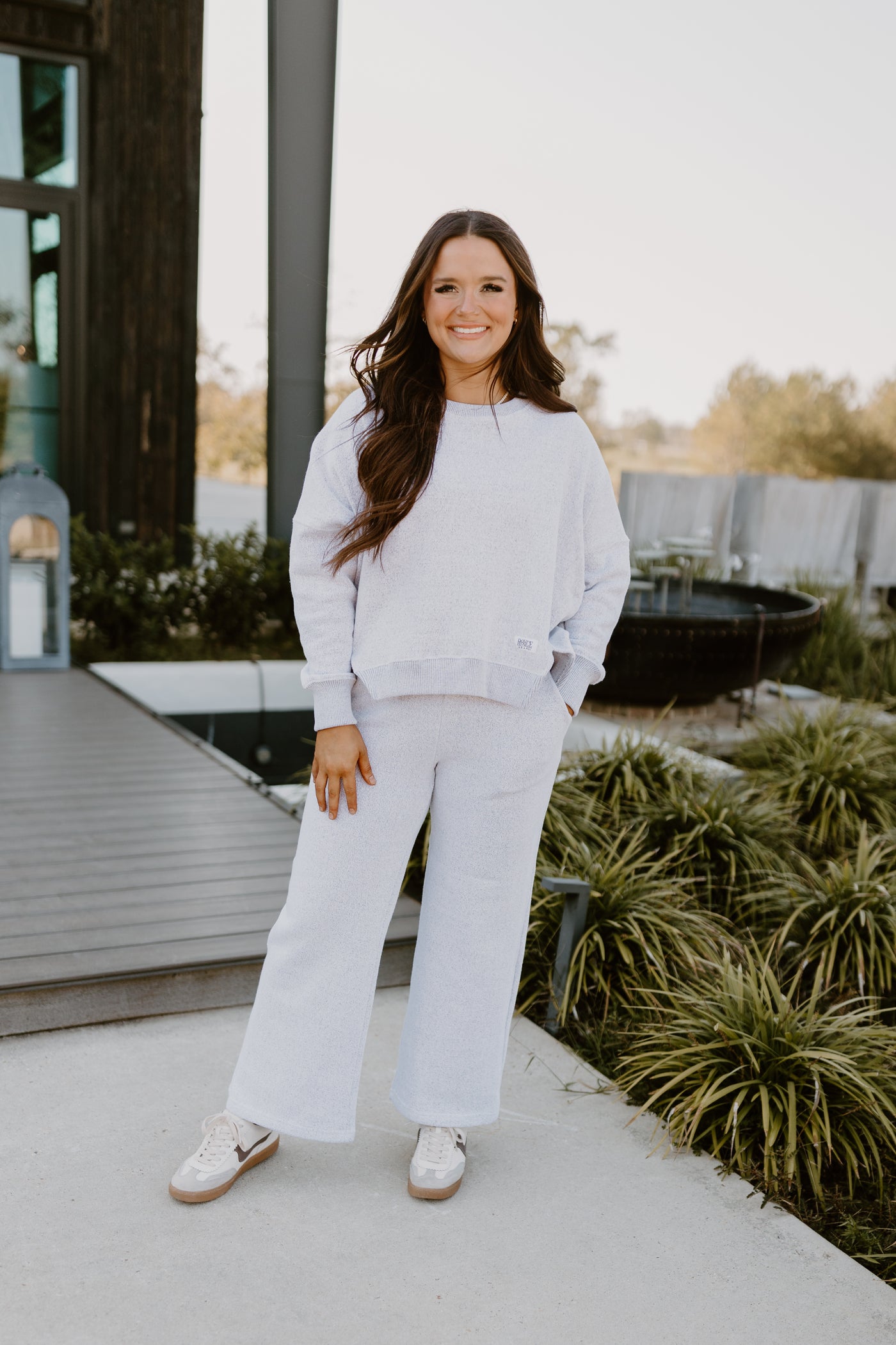 Oatmeal Long Sleeve Crew Neck Pullover and Wide Leg Pant Set