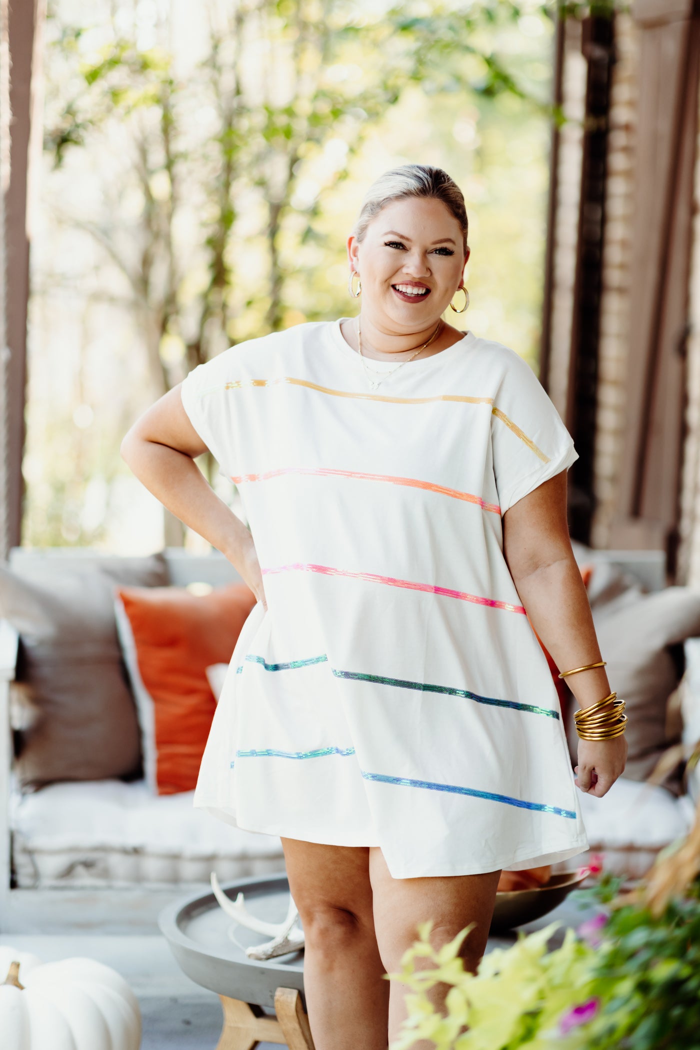 White Multicolor Sequin Stripe Tee Dress
