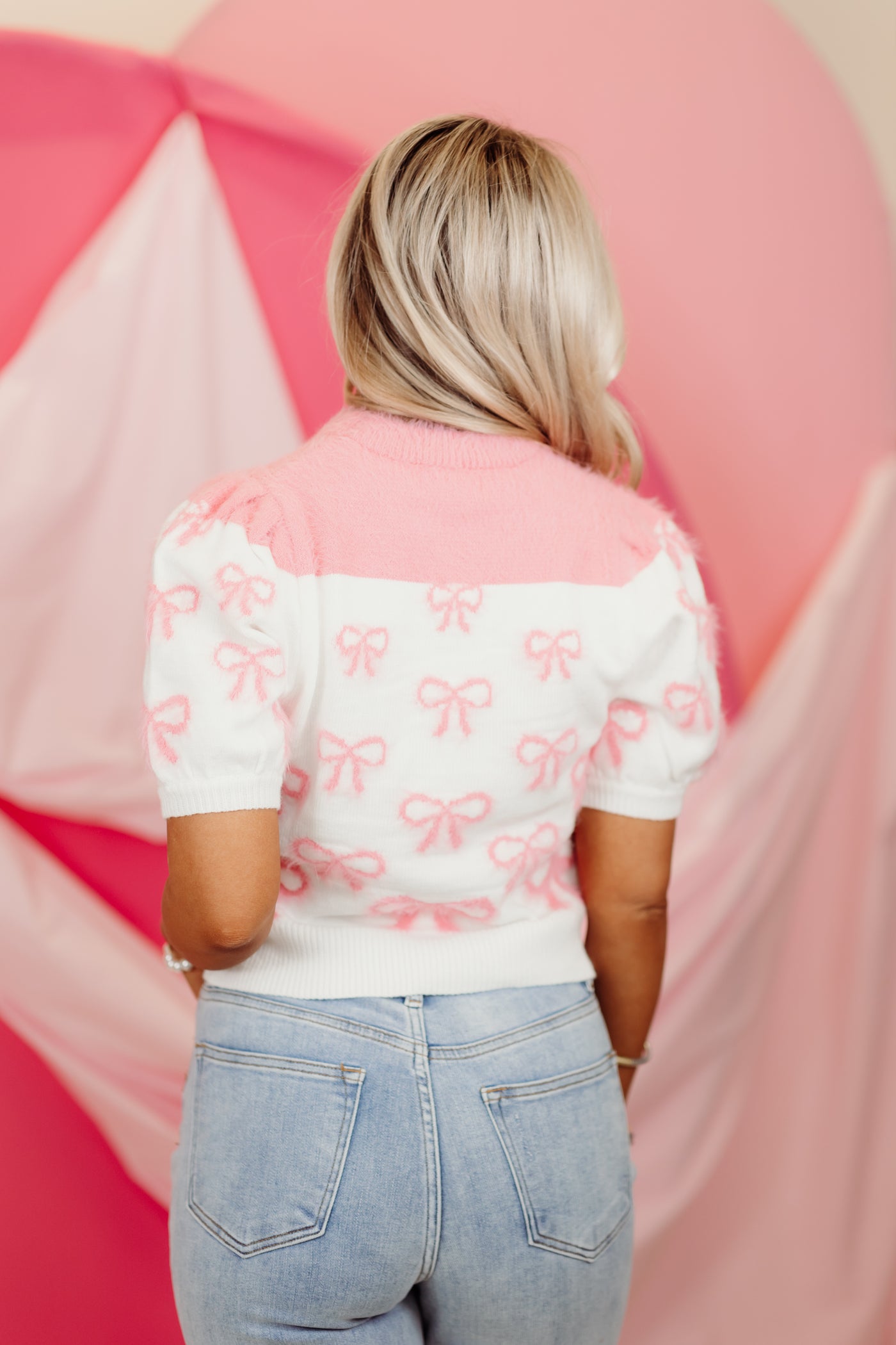 Ivory and Pink Bow Detail Puff Sleeve Sweater Top