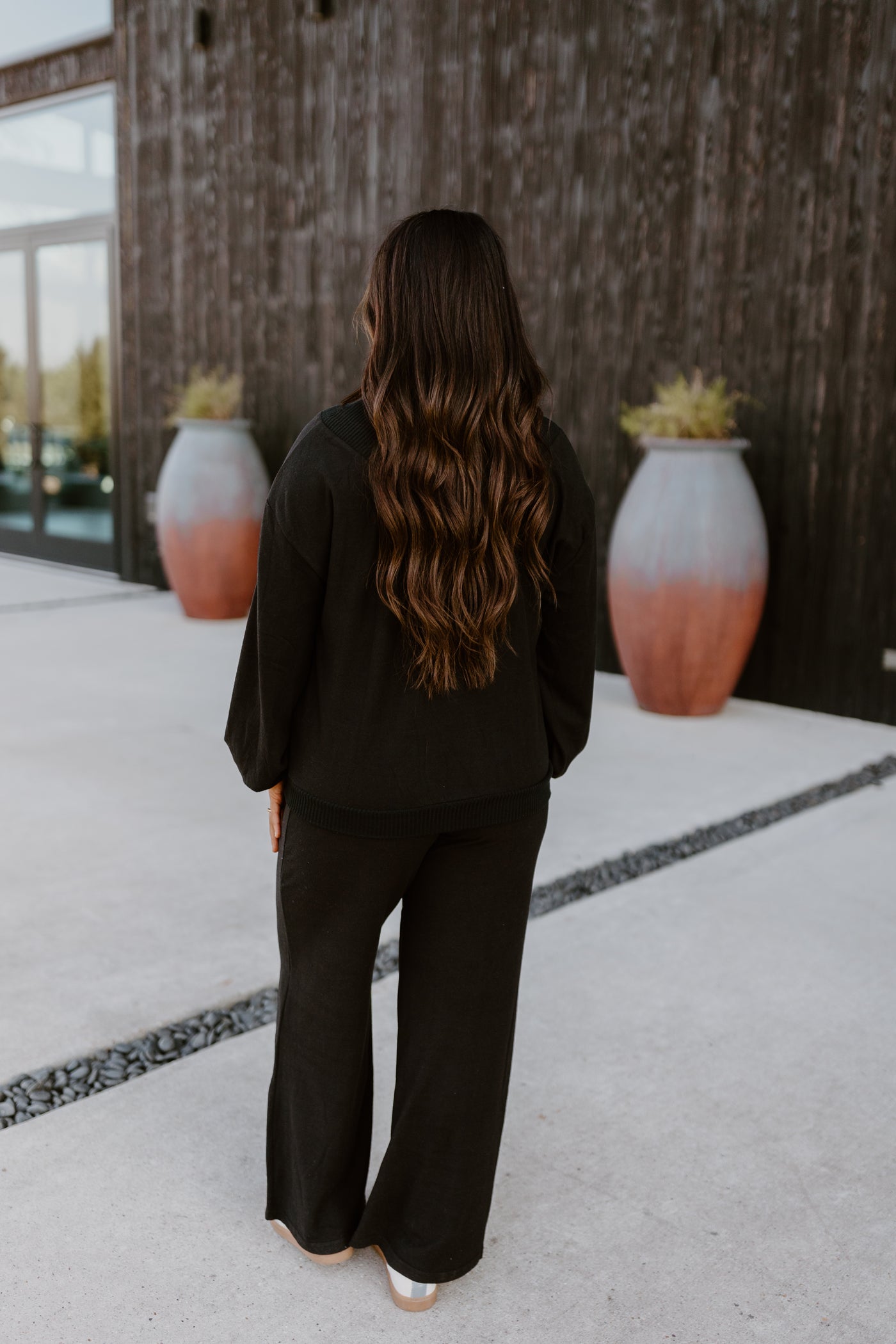 Black V-Neck Brushed Pullover and Pant Set