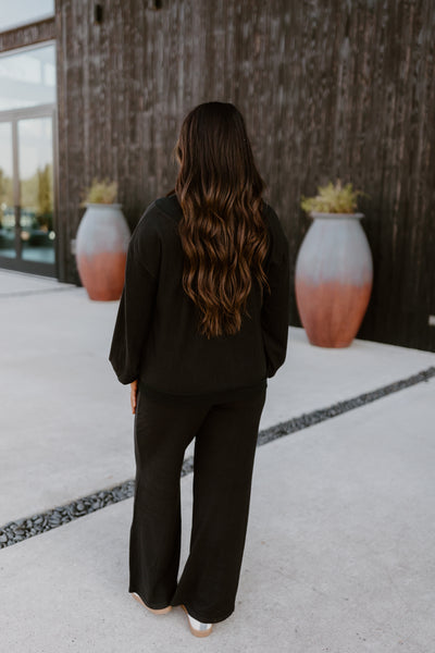 Black V-Neck Brushed Pullover and Pant Set