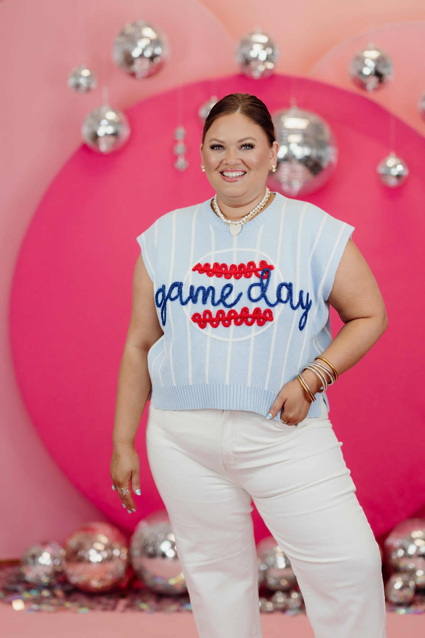 Light Blue Game Day & Baseball Embroidered Top