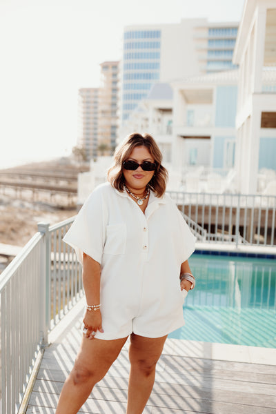 Ivory Textured Oversized Button Up Collared Romper