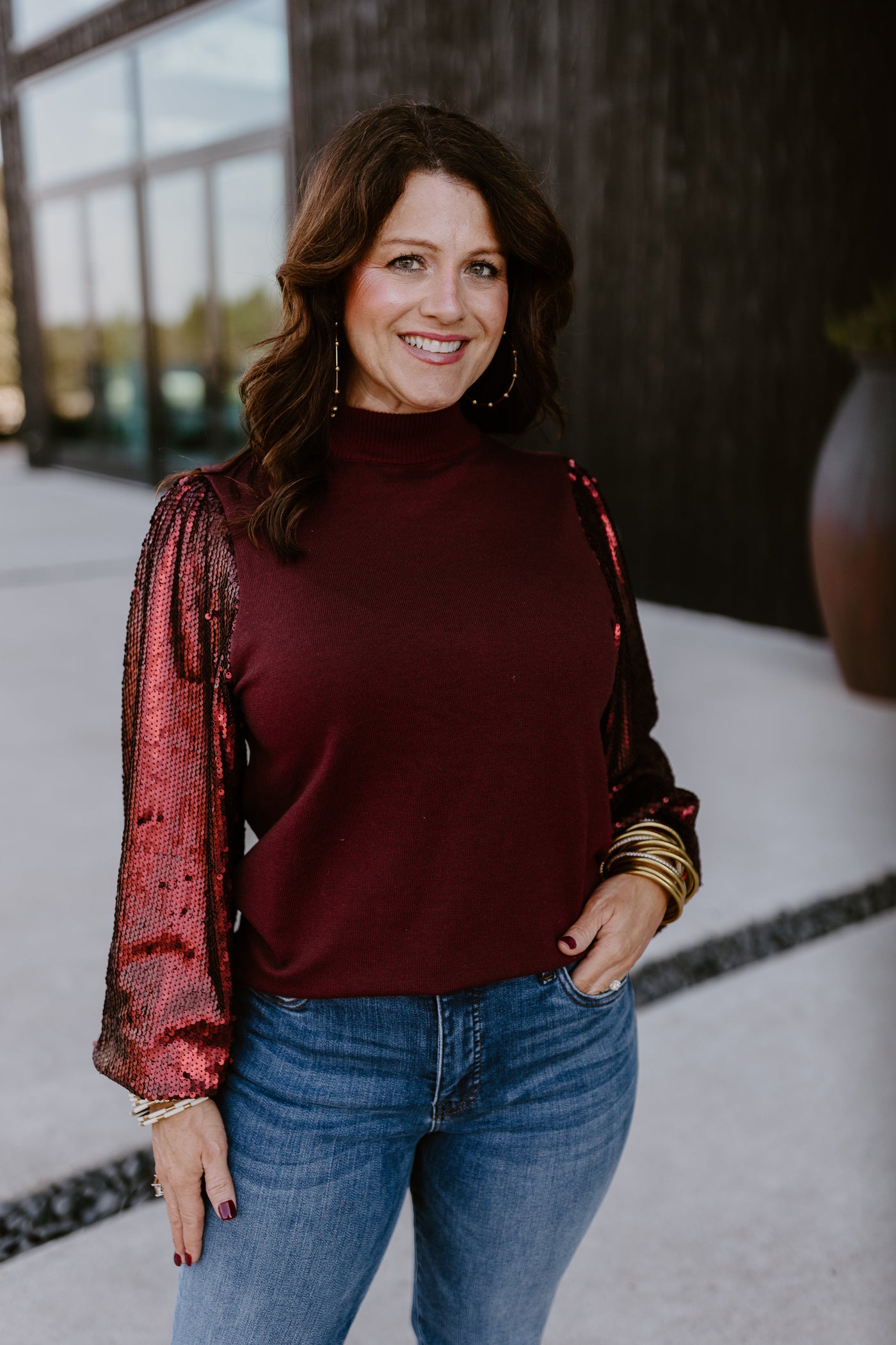 Wine Sequin Sleeve Mock Neck Sweater Top