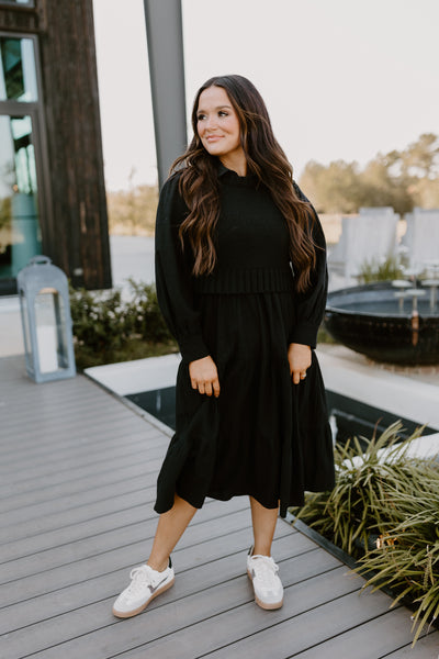 Black Sweater Vest and Tiered Midi Dress Set