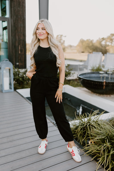 Black Ribbed Crop Top and Jogger Set