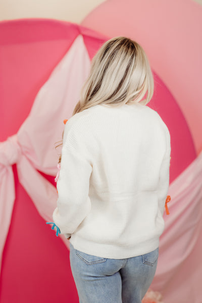 White Multicolored Bow Cardigan