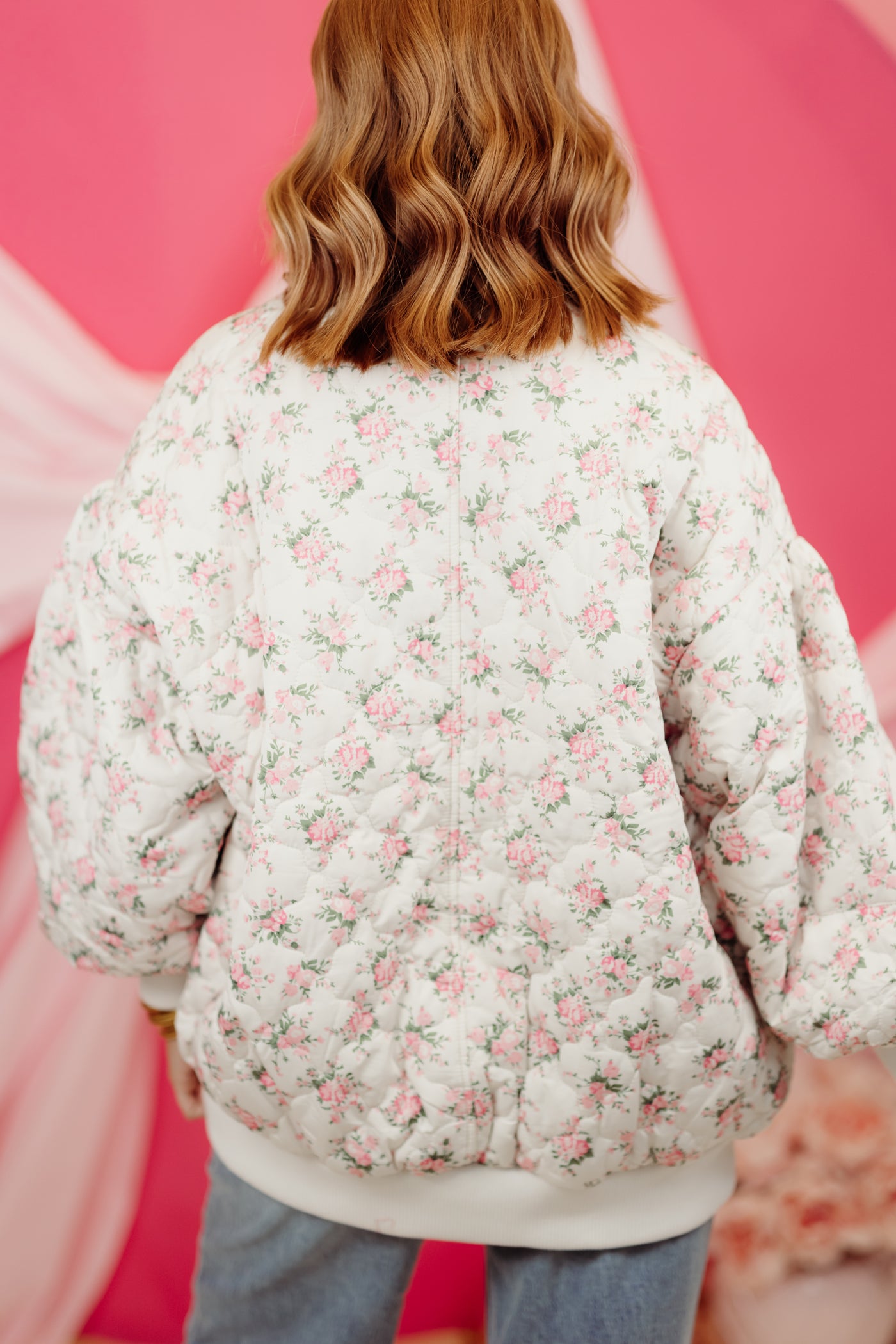 Off White Floral Quilted Oversized Bomber Jacket