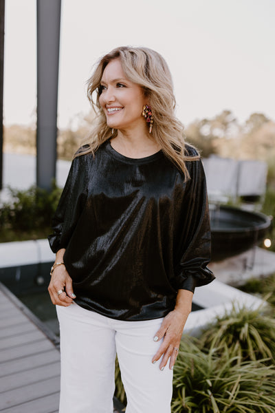 Black Metallic Bell Sleeve Flowy Blouse