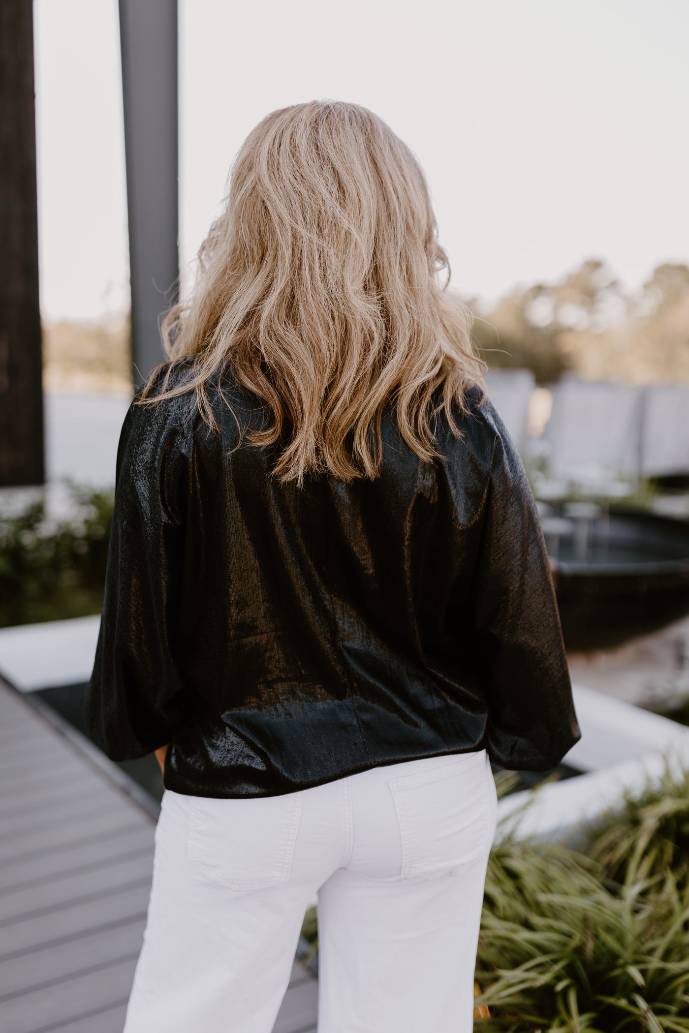 Black Metallic Bell Sleeve Flowy Blouse