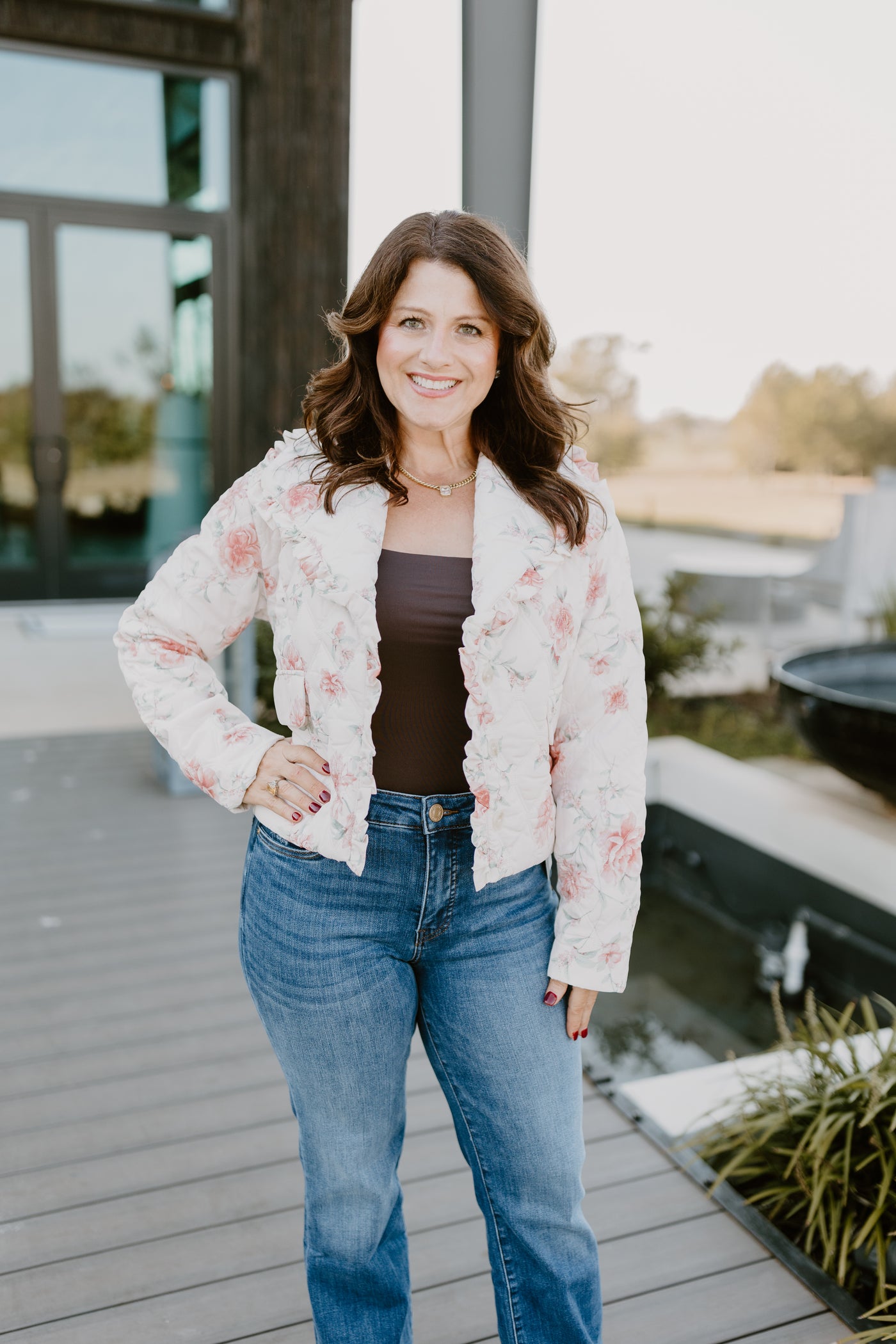 Blush Pink Floral Rose Quilted Puffer Jacket