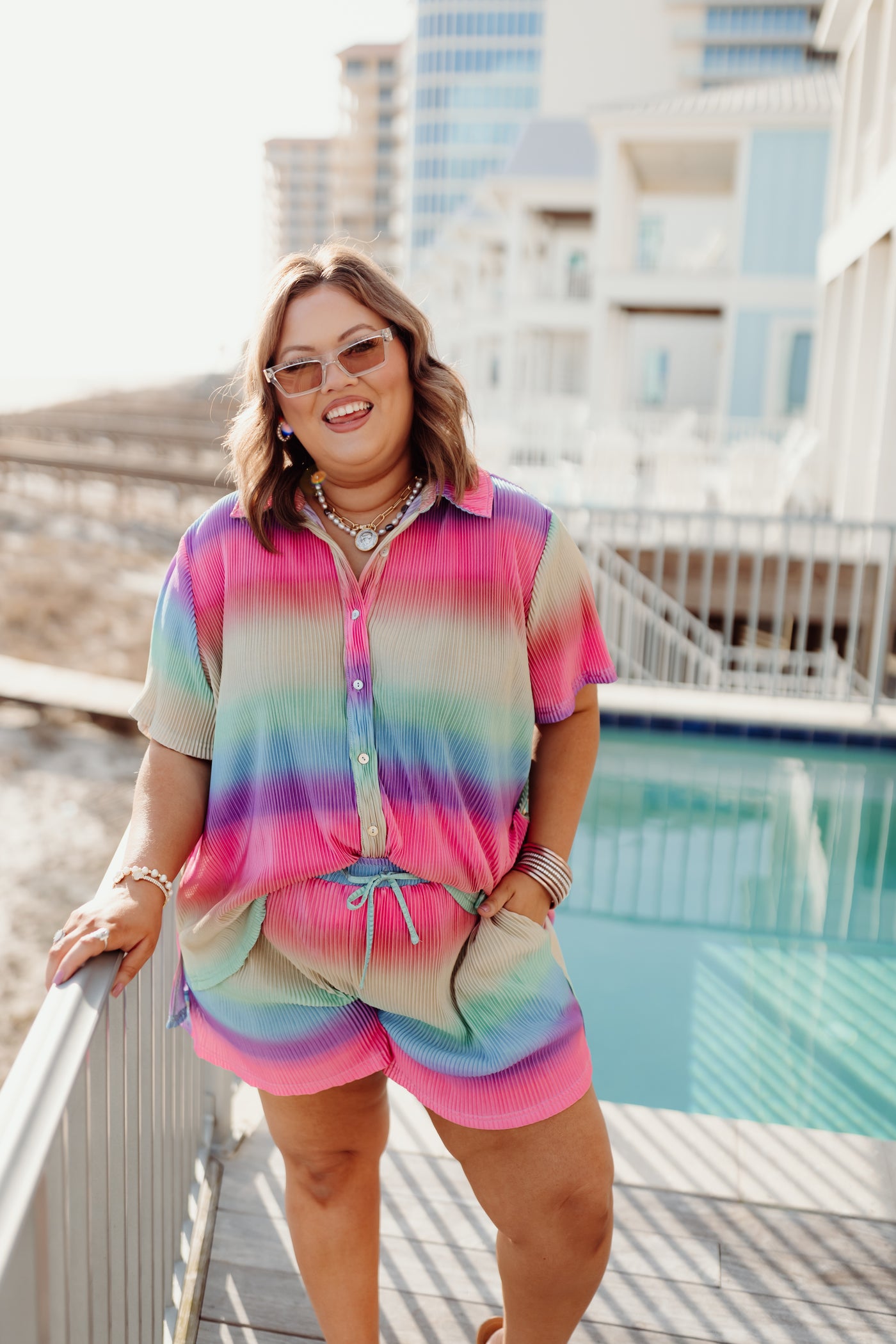 Rainbow Textured Button Down Top and Short Set