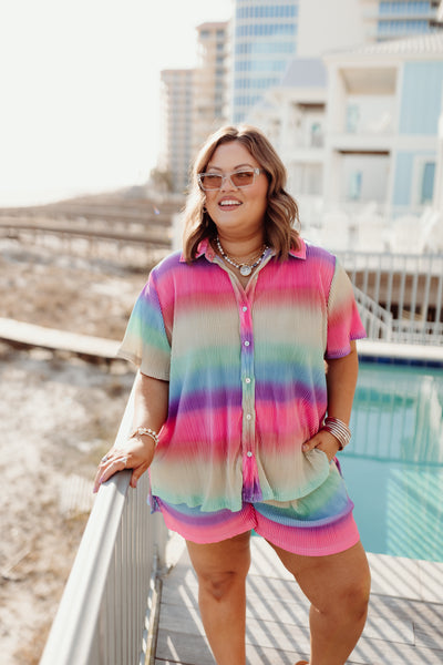 Rainbow Textured Button Down Top and Short Set