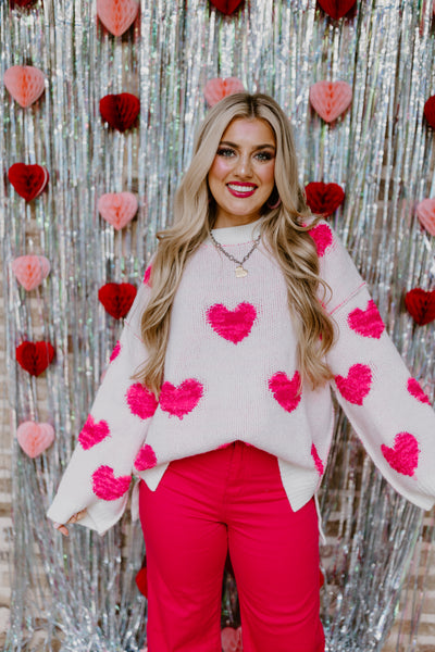 White and Pink Cozy Heart Embroidery Sweater