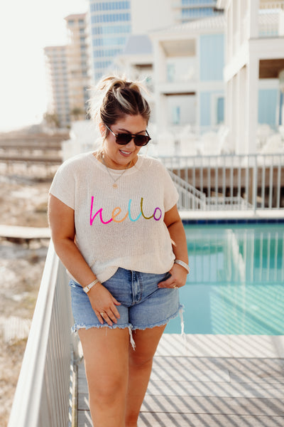 Ecru Ribbed Knit Hello Embroidered Top