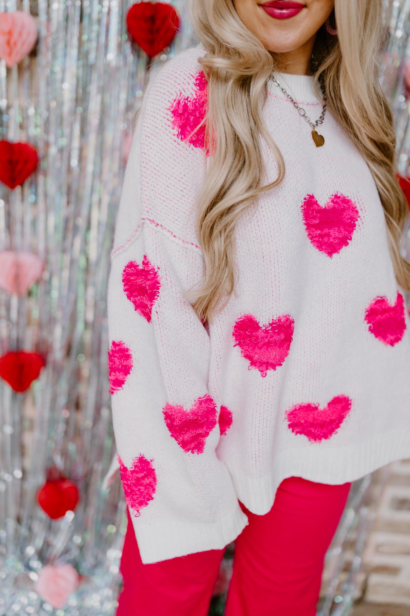 White and Pink Cozy Heart Embroidery Sweater