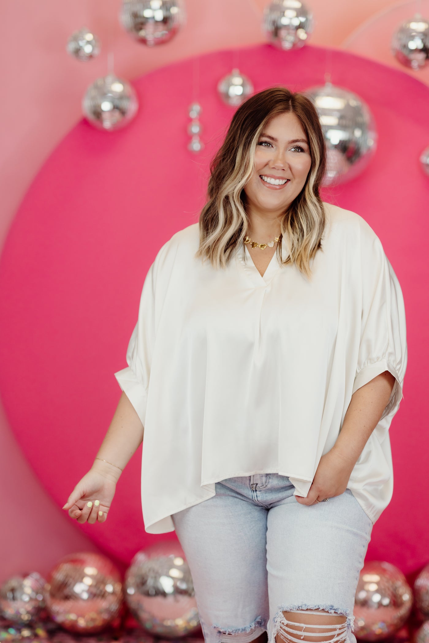 Ivory Satin Pleated V-Neck Blouse