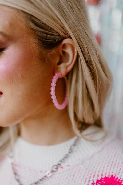 Light Pink Glossy Beaded Hoop Earring