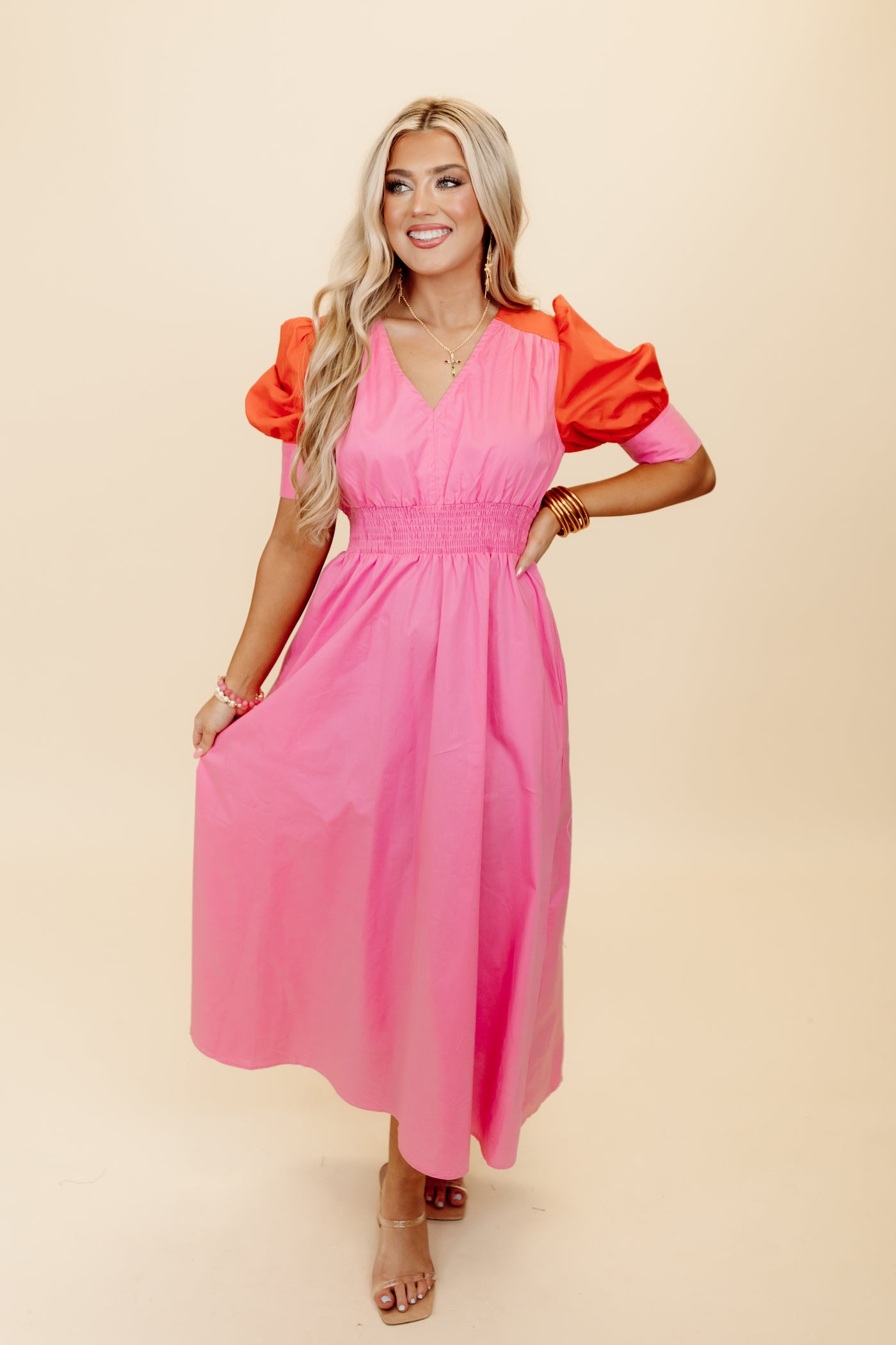 Karlie Pink Colorblock Poplin V-Neck Dress