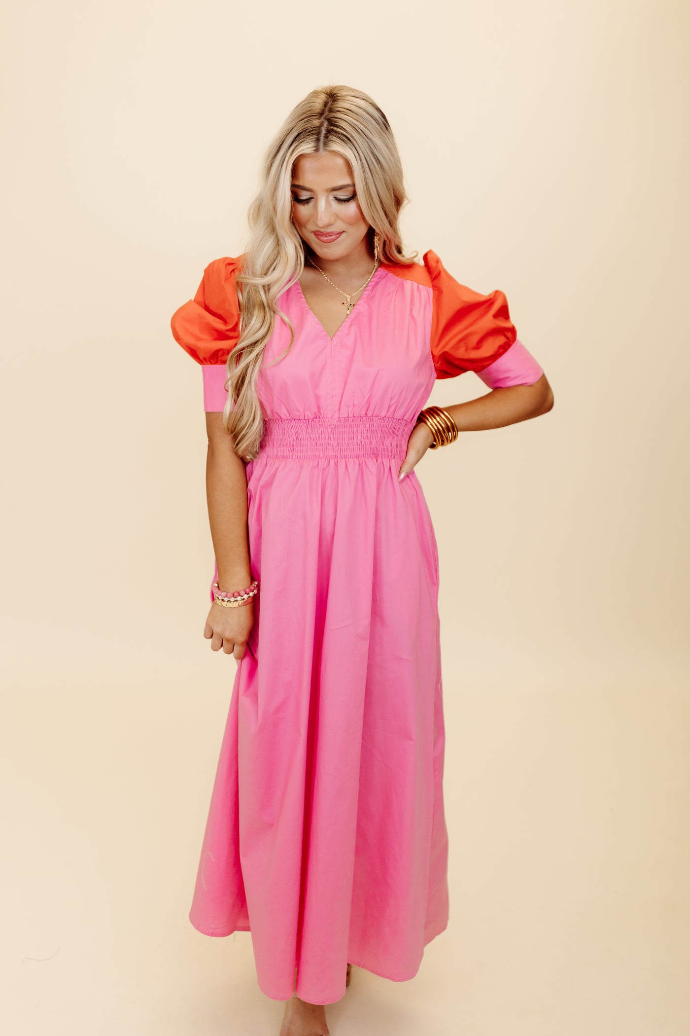 Karlie Pink Colorblock Poplin V-Neck Dress