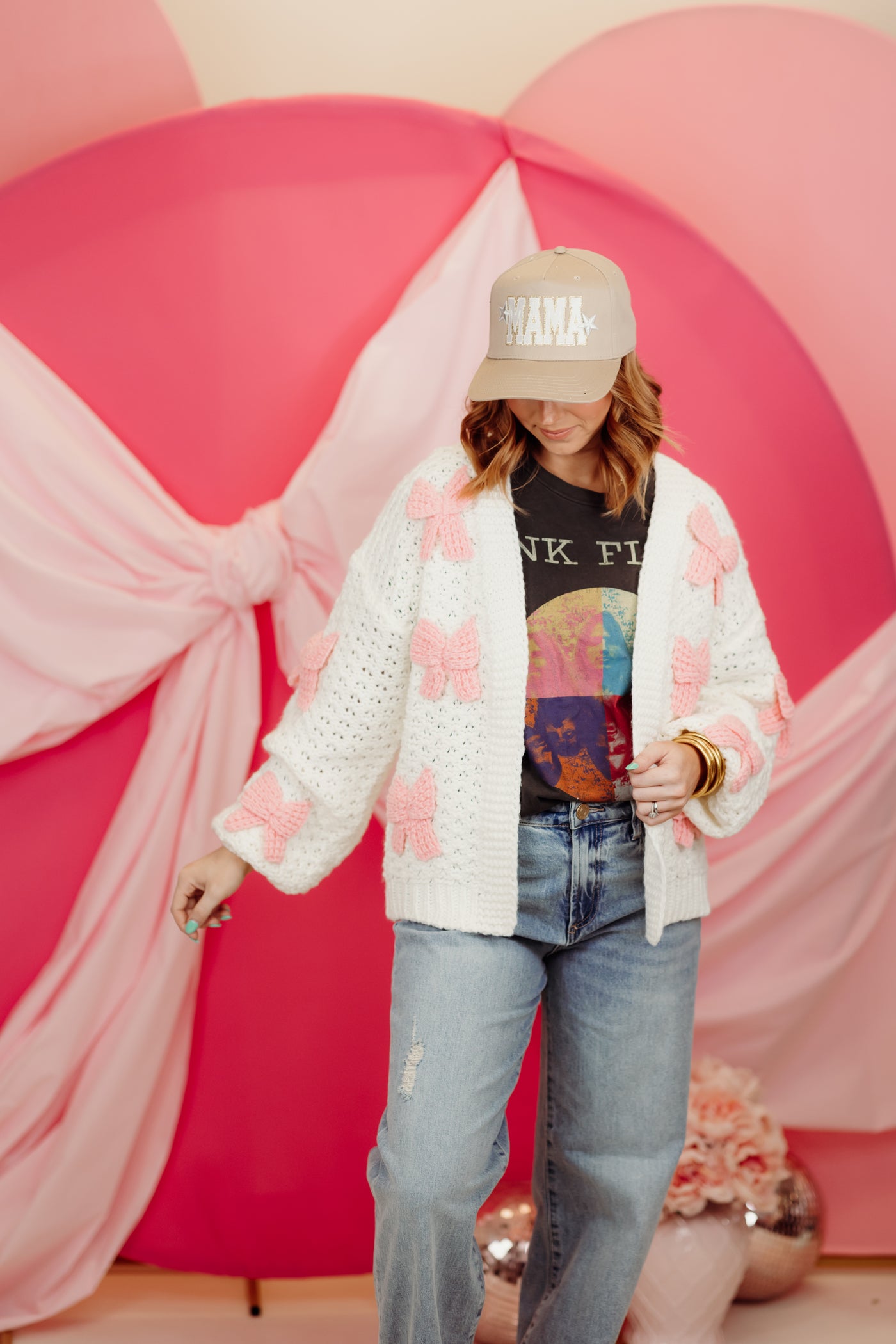 White and Pink Bow Detail Crochet Cardigan