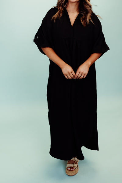 Black Collared Short Sleeve Midi Dress