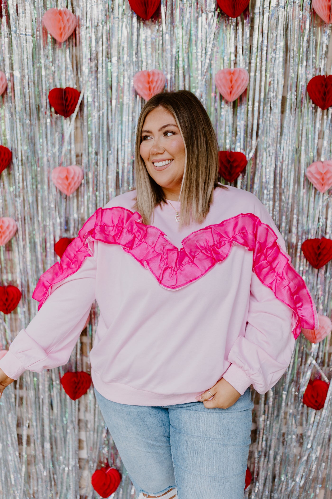 Pink French Terry Ruffle Accent Sweatshirt