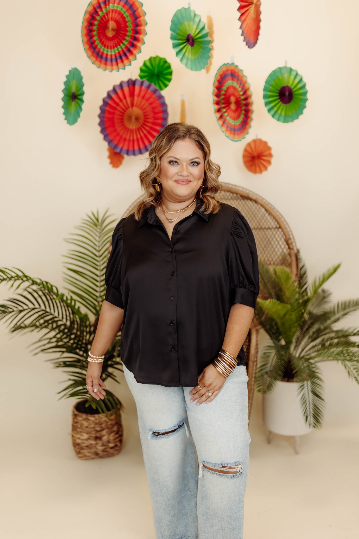 Black Shirred Sleeve Button Down Blouse