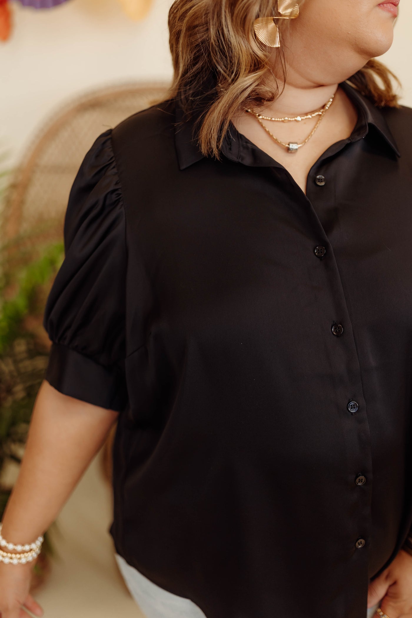 Black Shirred Sleeve Button Down Blouse