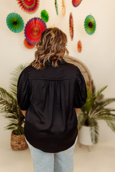 Black Shirred Sleeve Button Down Blouse