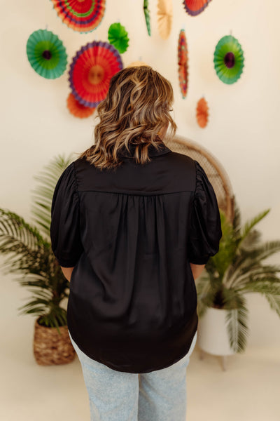 Black Shirred Sleeve Button Down Blouse