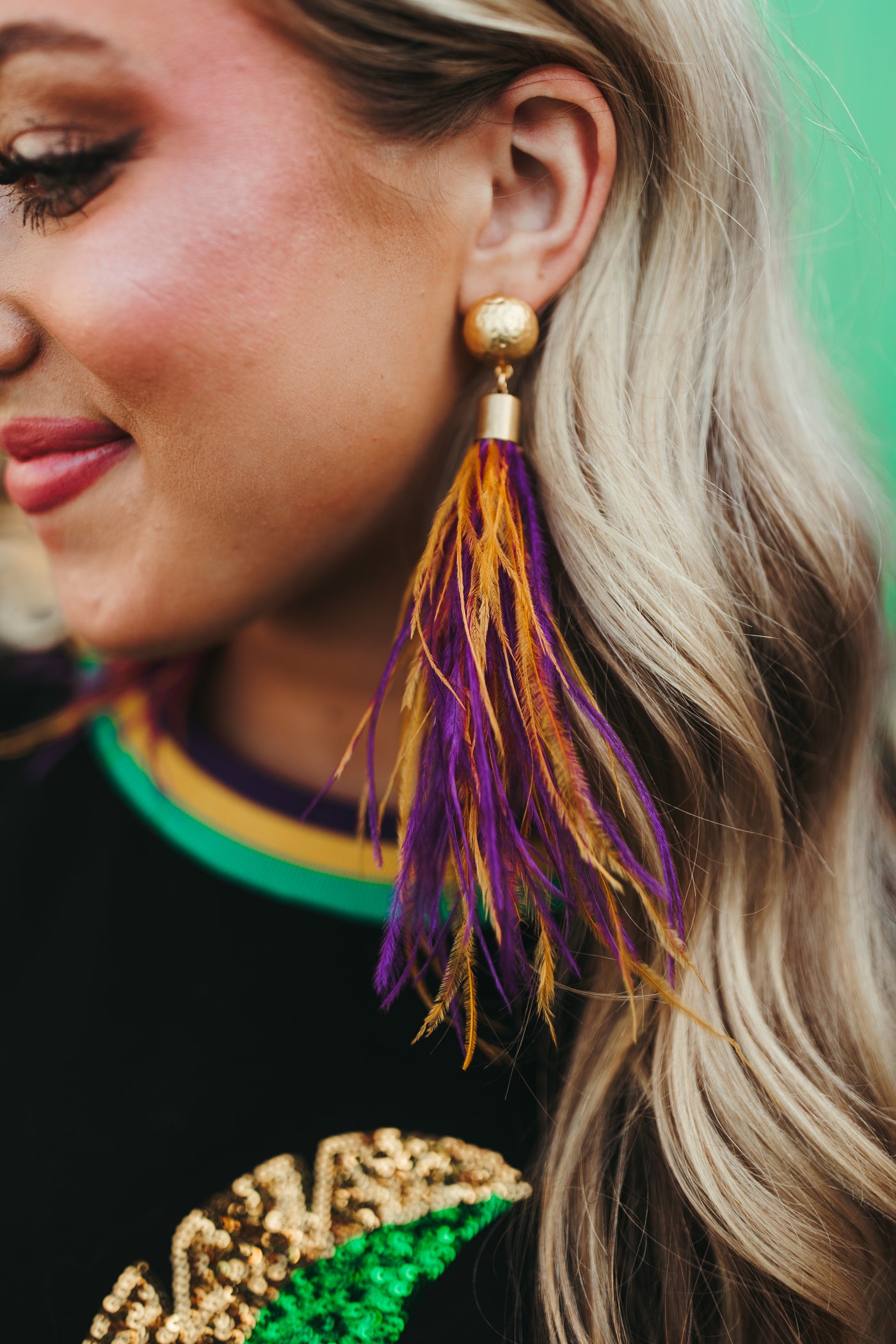 Virtue Jewelry Hammered Dome Post With Purple & Gold Feather Drop Earrings