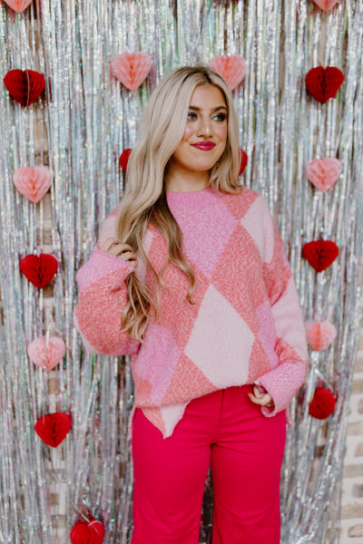 Pink Mix Geometric Knit Sweater