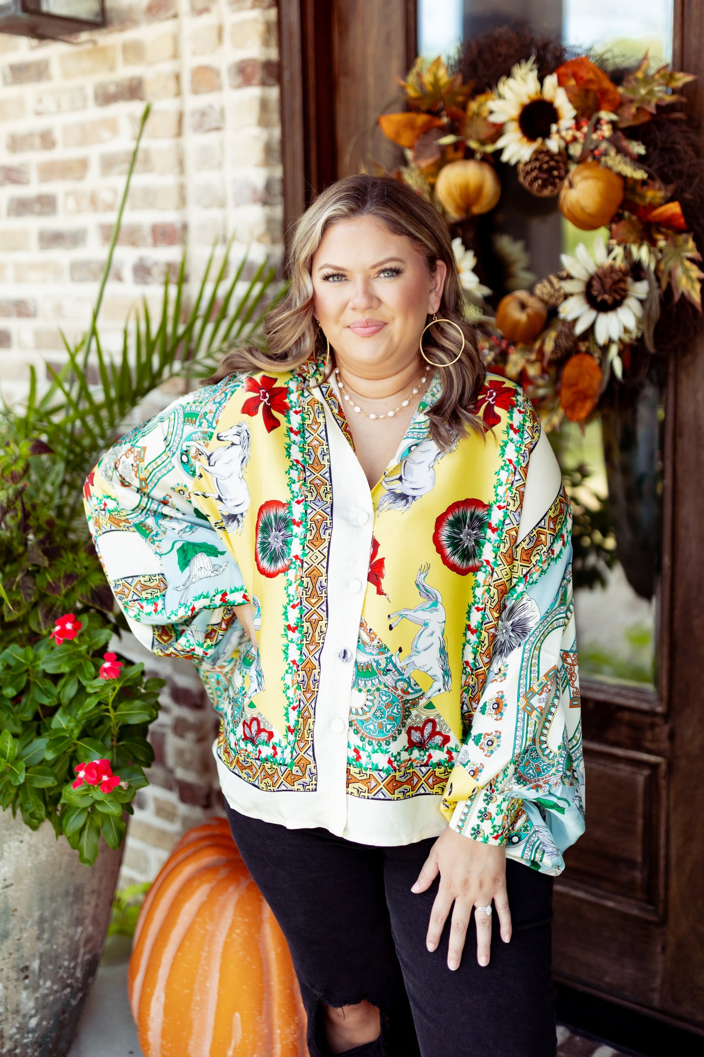 Beulah Style Multicolor Satin Oversized Equestrian Blouse