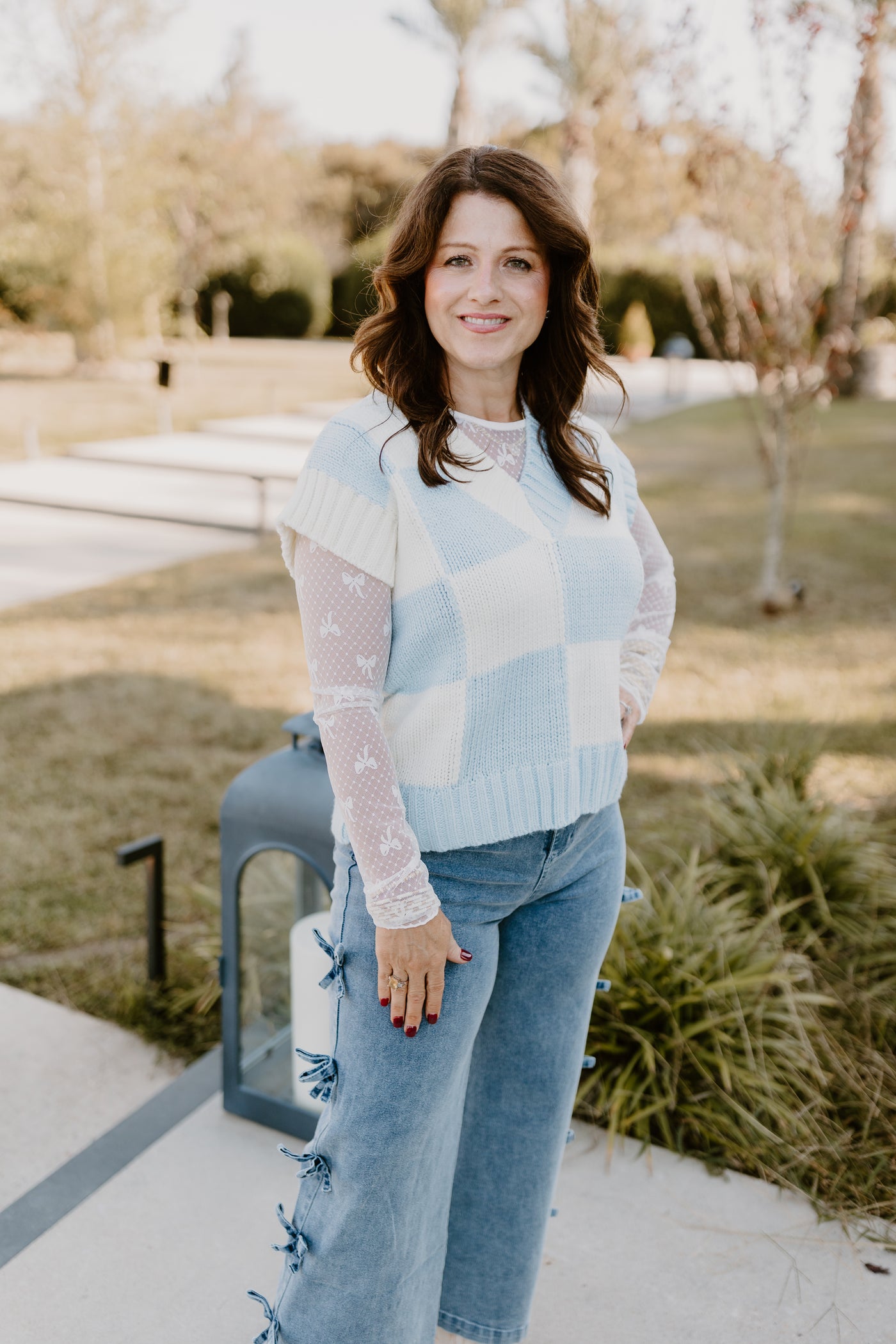 Sky Blue V-Neck Checkered Sweater Vest