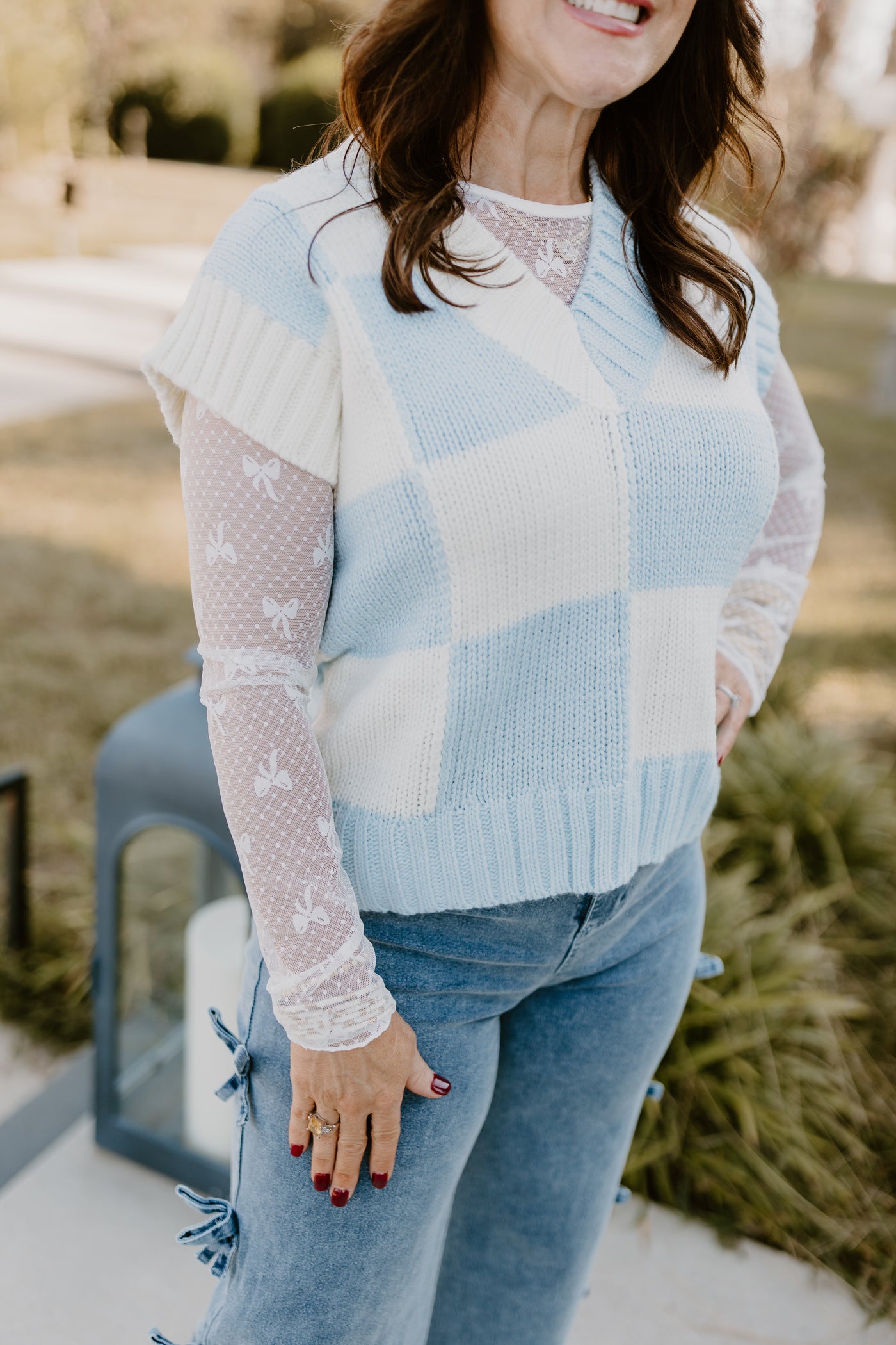 Sky Blue V-Neck Checkered Sweater Vest