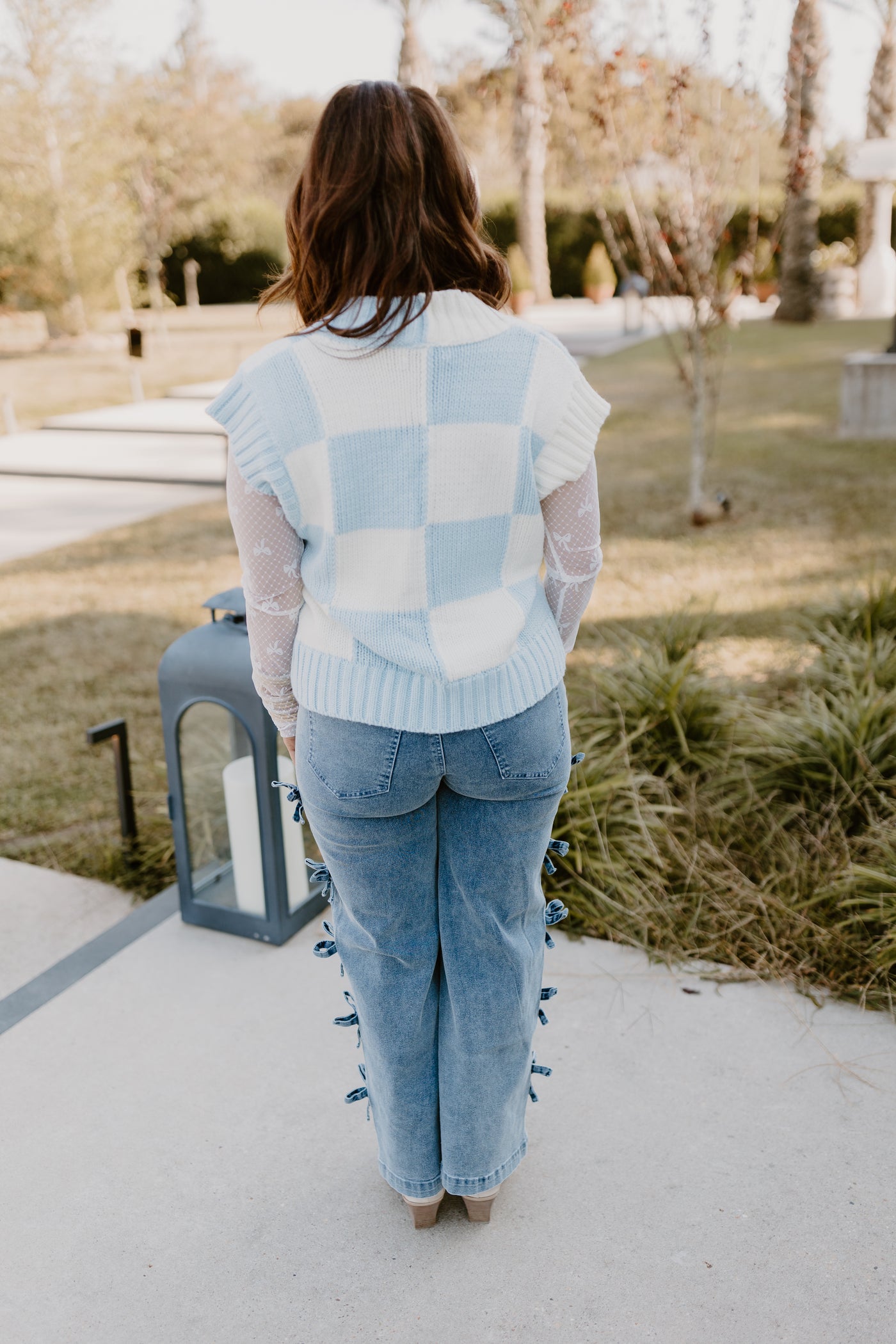 Sky Blue V-Neck Checkered Sweater Vest