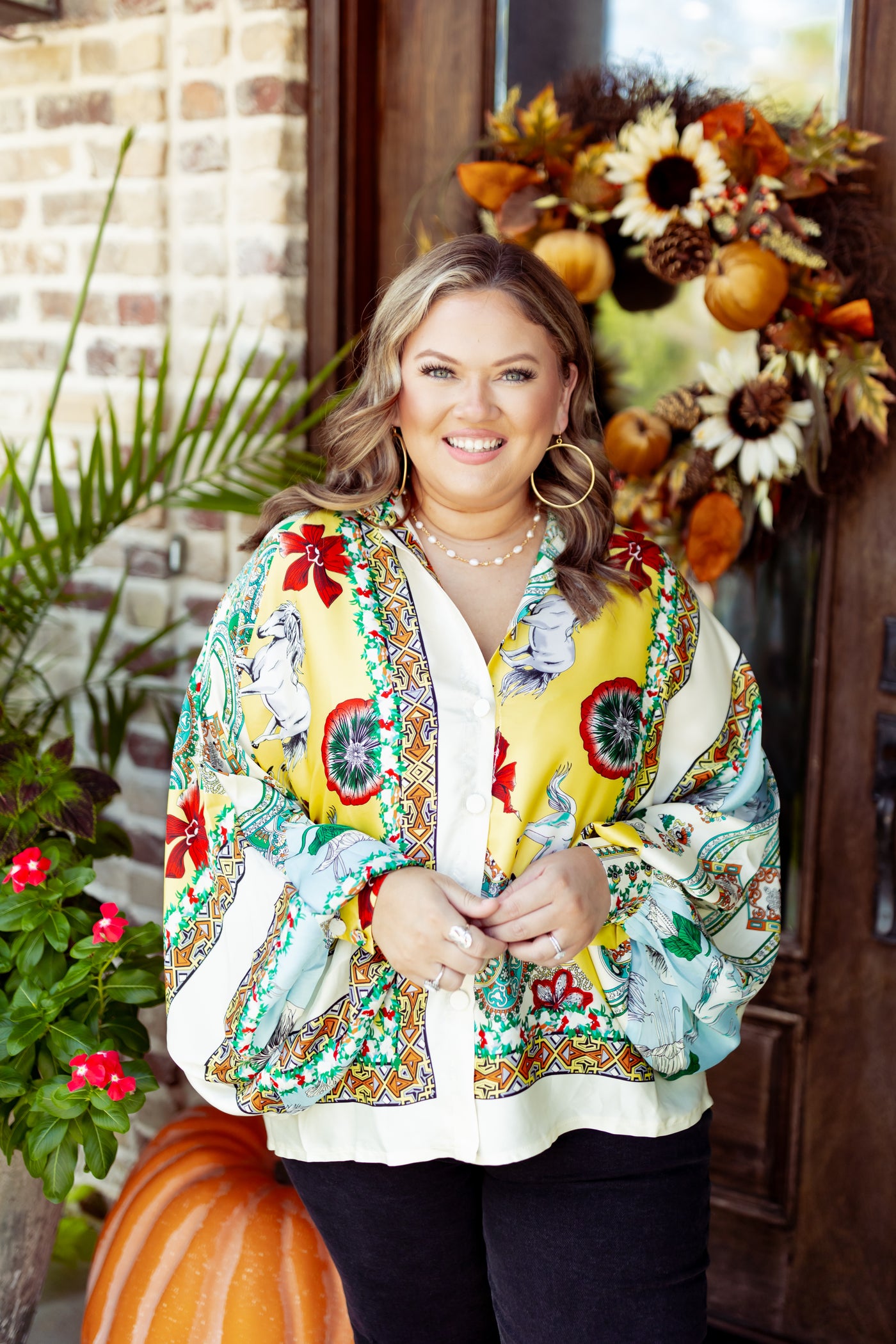 Beulah Style Multicolor Satin Oversized Equestrian Blouse
