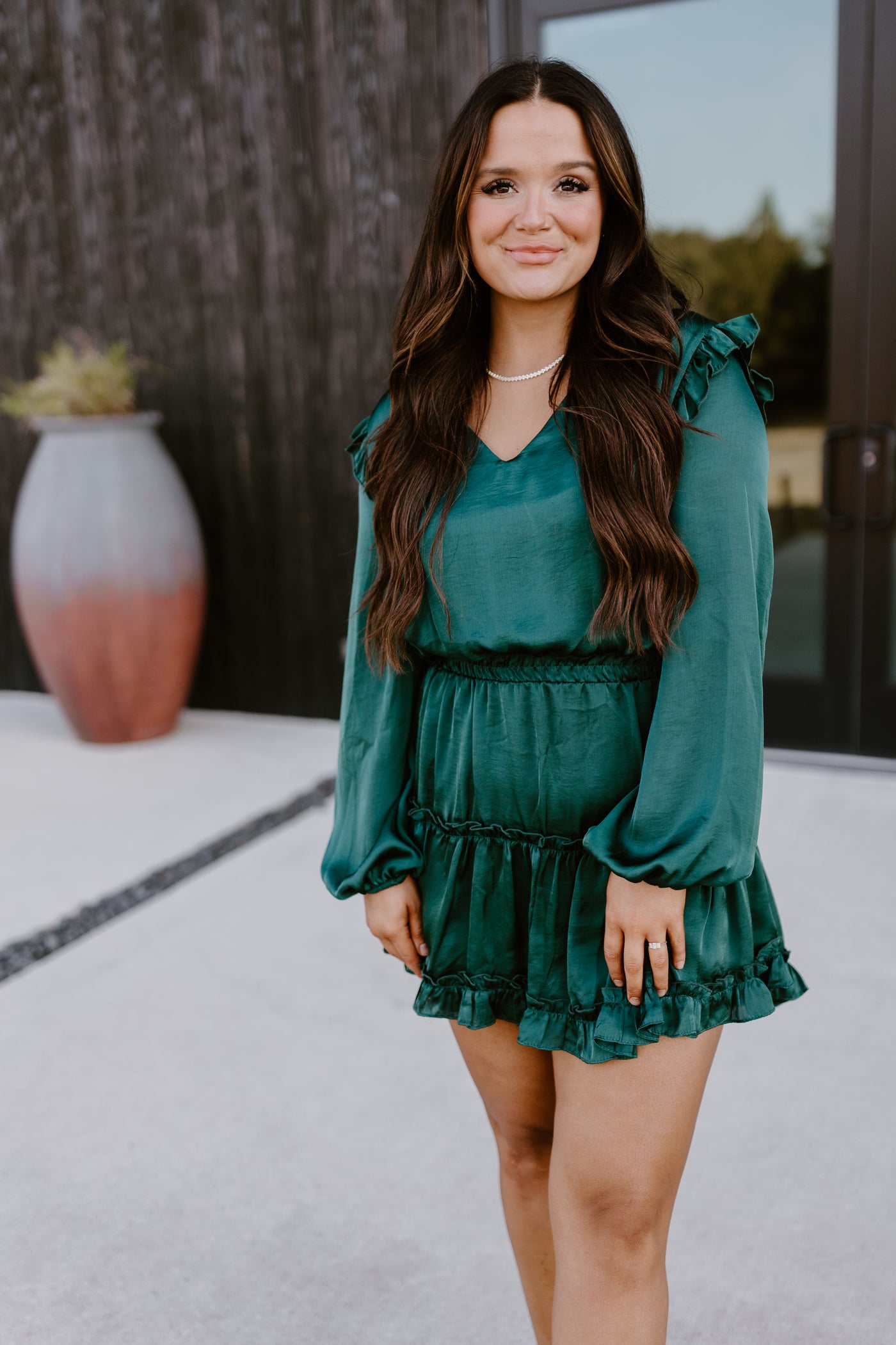 Adrienne Malachite Green Satin Long Sleeve Ruffle Dress