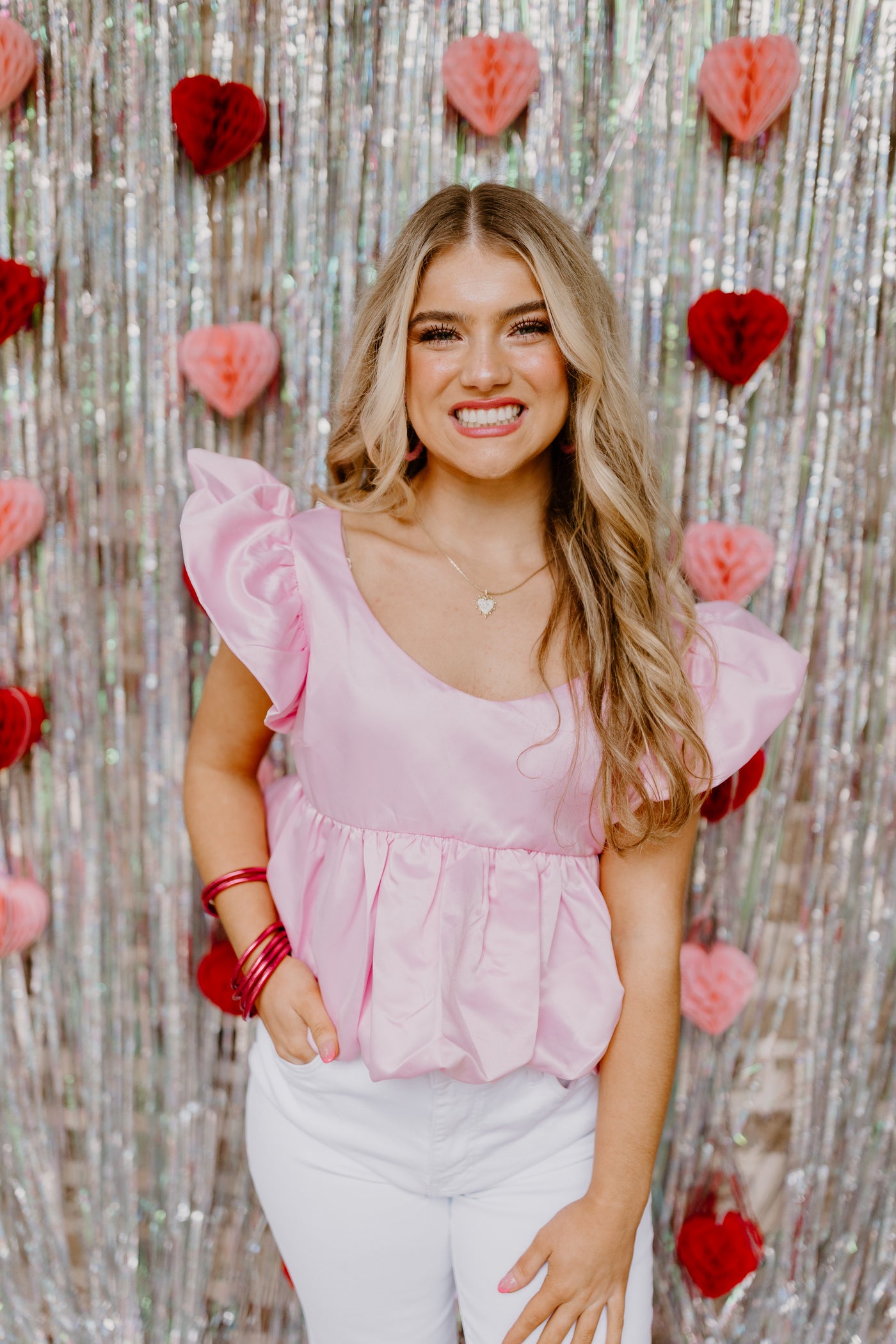 Baby Pink Satin Ruffle Peplum Blouse