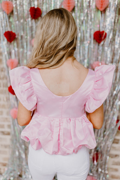 Baby Pink Satin Ruffle Peplum Blouse