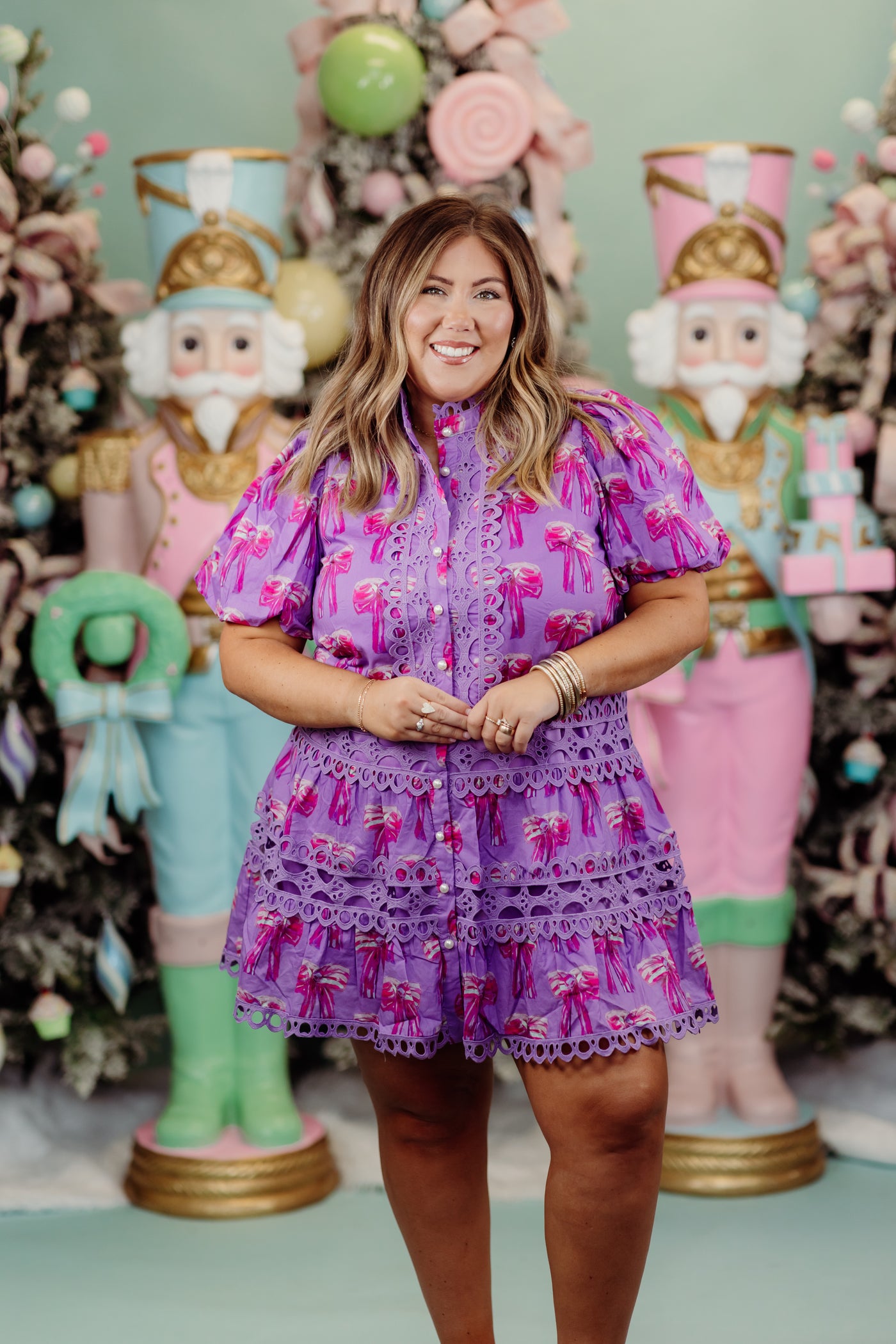 Lavender Bow Puff Sleeve Crochet Detail Dress