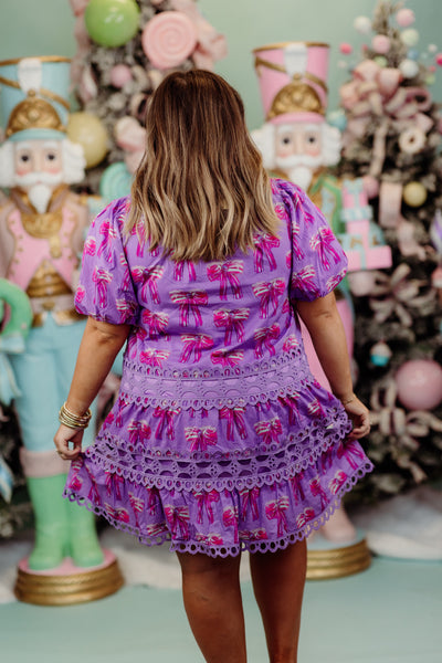 Lavender Bow Puff Sleeve Crochet Detail Dress