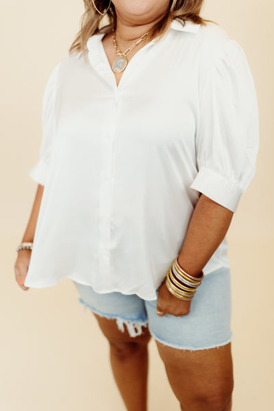 White Shirred Sleeve Button Down Blouse