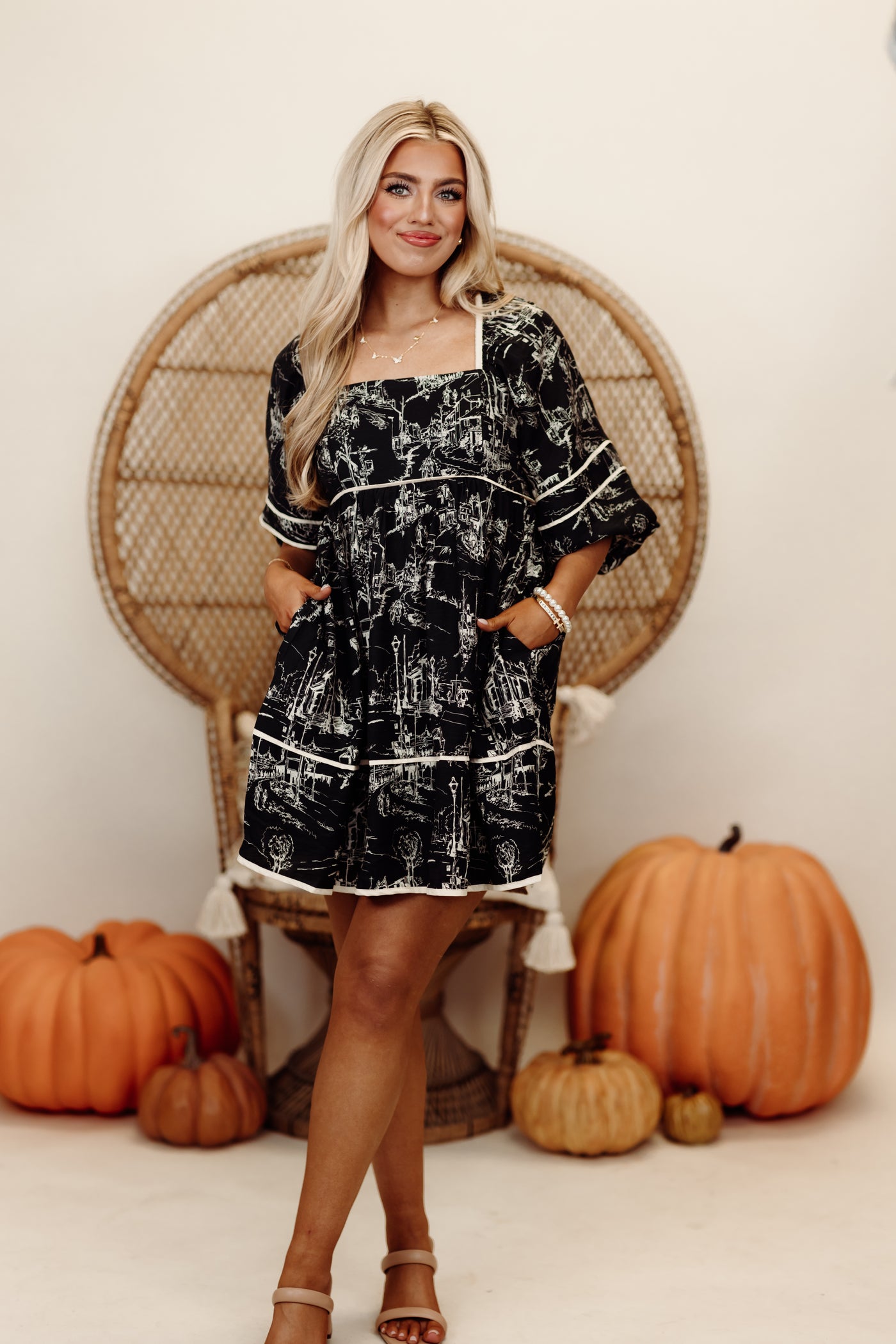 Charcoal Printed Square Neck Puff Sleeve Mini Dress