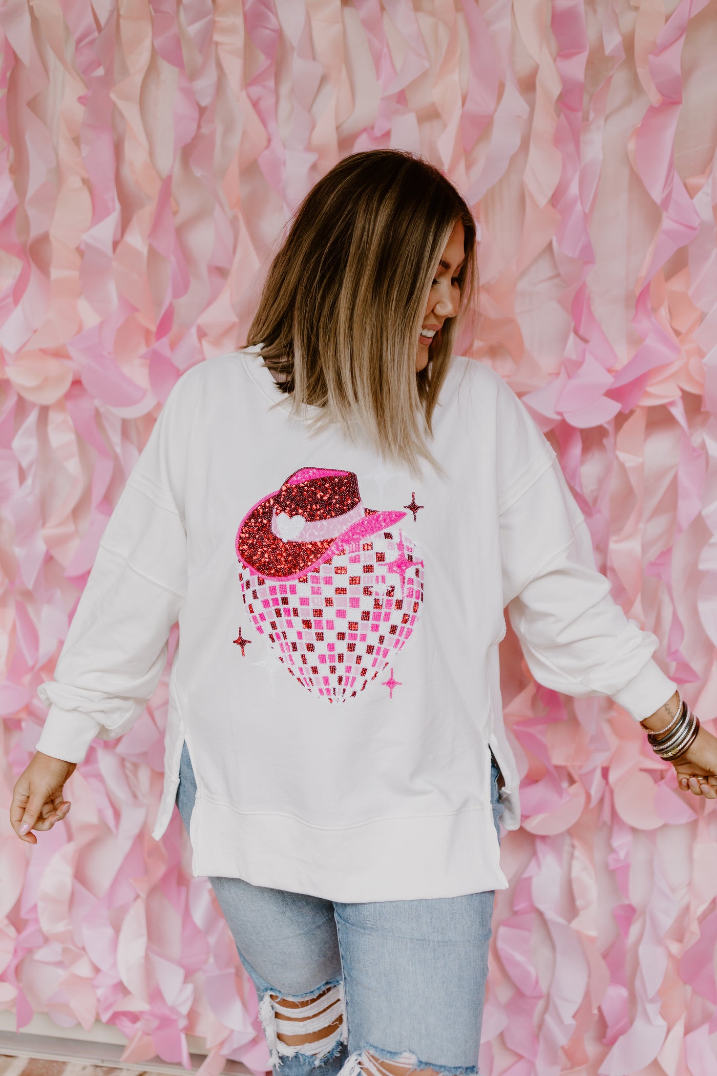 White and Pink Mix Sequin Disco Cowgirl Sweatshirt